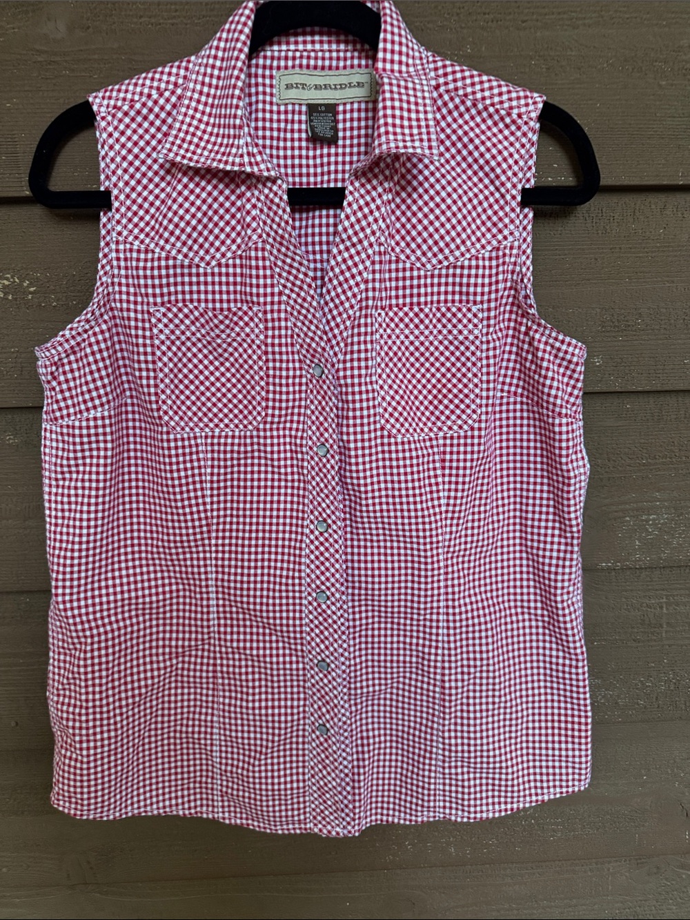 Bit & Bridle Red and White Gingham Pearl Snap Sleeveless Tank size L